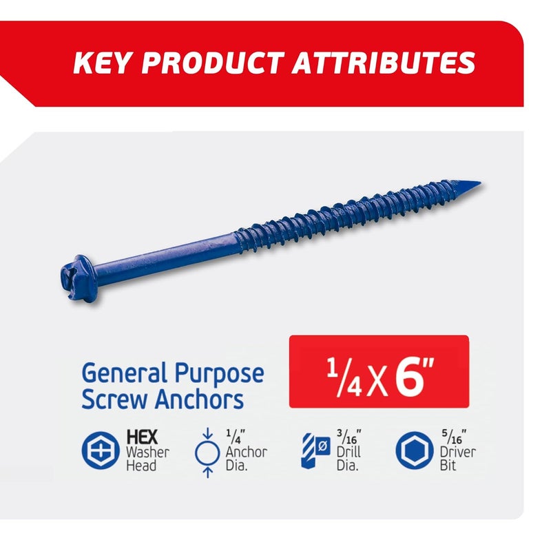 FixMaster 1/4 x 6 Hex Head Blue Concrete Screw Anchors (100 pcs Screw Kit) with one Screwdriver and Drill Bit for Concrete, Masonry, Block, Brick and Wood Fastening - Image 2